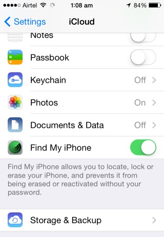 Enable Find My iPhone in iCloud Settings