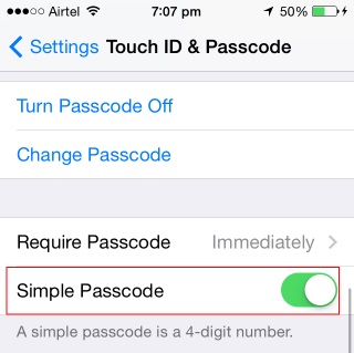 To use a complex Passcode, turn off Simple Passcode