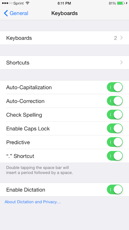 Enable Disable Dictation iOS 8.1
