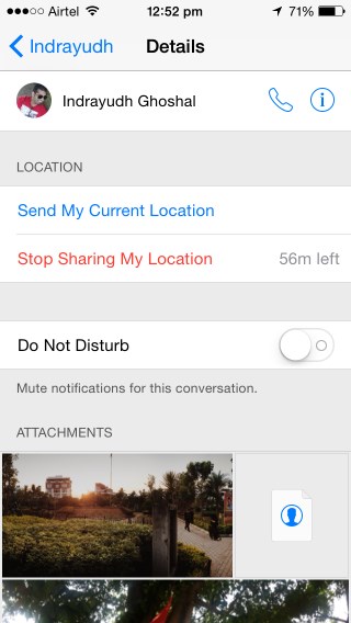 In Messages, tap on a contact to view details, share location and see your shared attachments