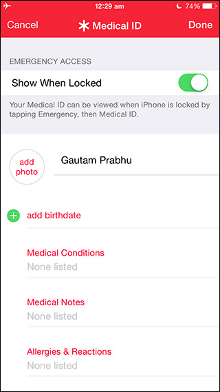 Health app - Medical ID