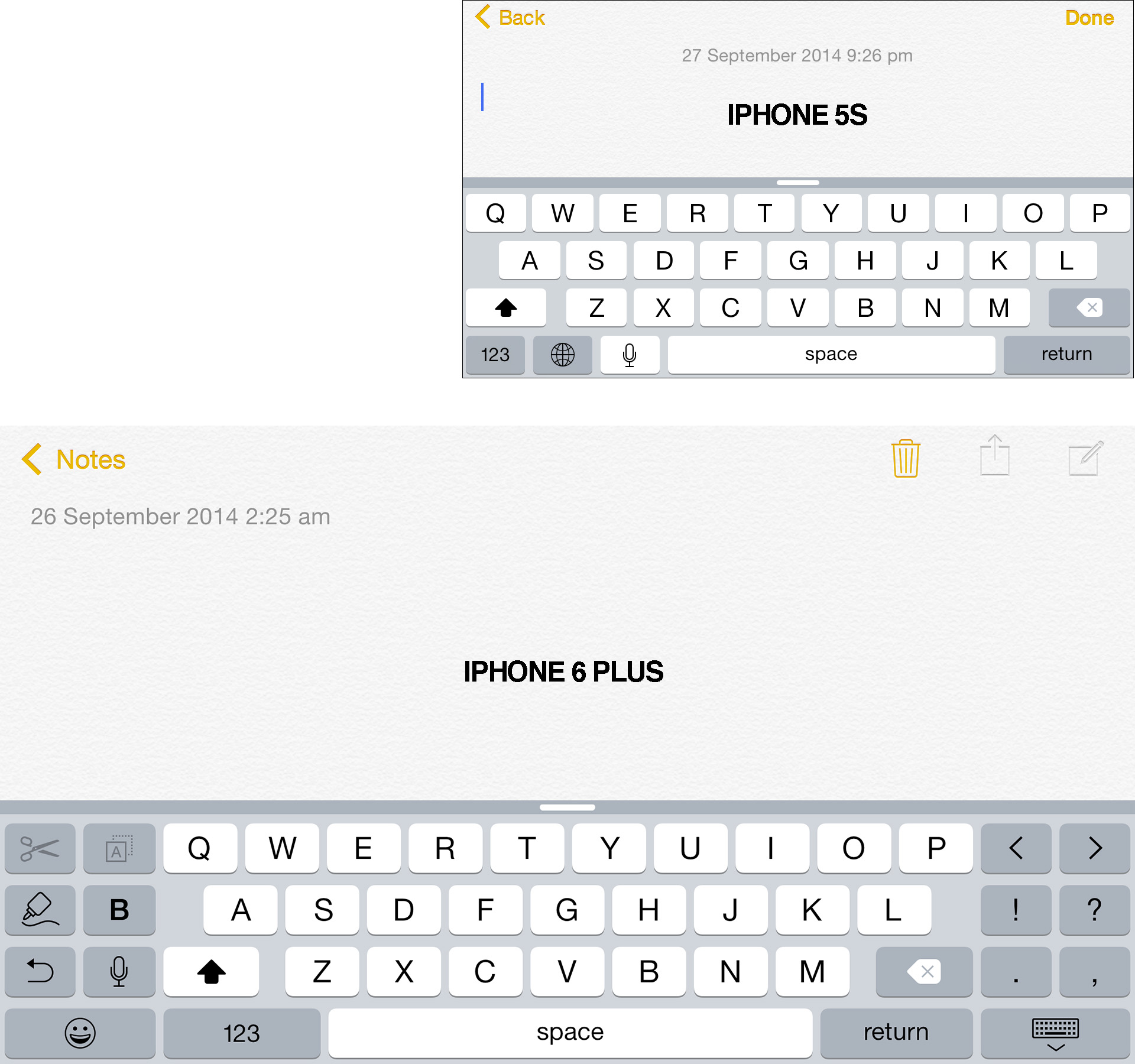 iPhone 6 Plus vs iPhone 5s - Landscape mode - Notes app