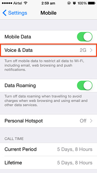 iOS 8.1 Cellular Settings - Voice & Data
