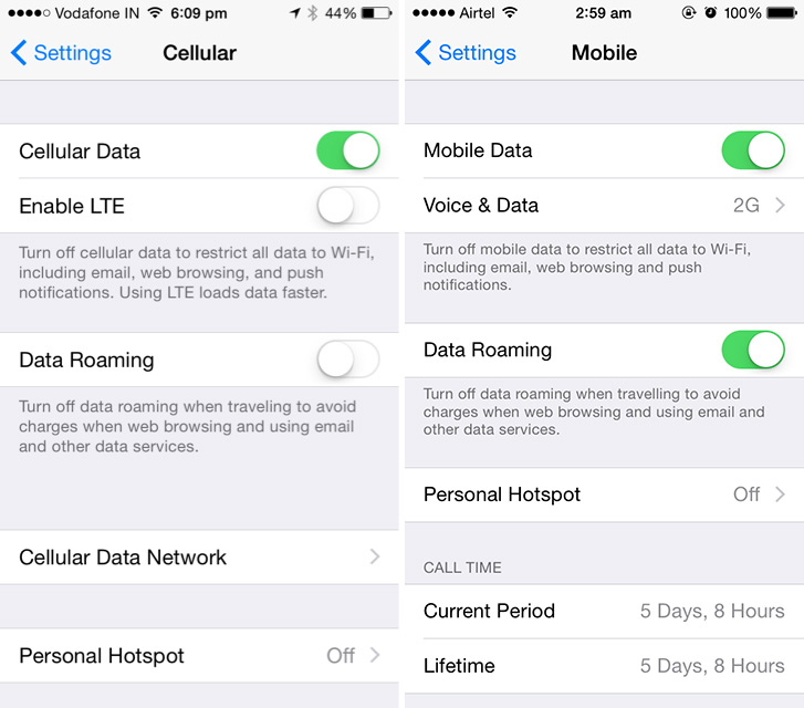 iOS 8 vs iOS 8.1 Cellular Settings