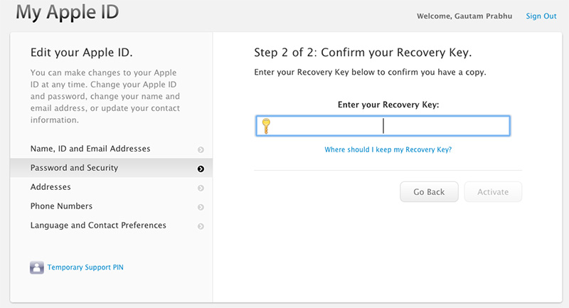 Confirm recovery key