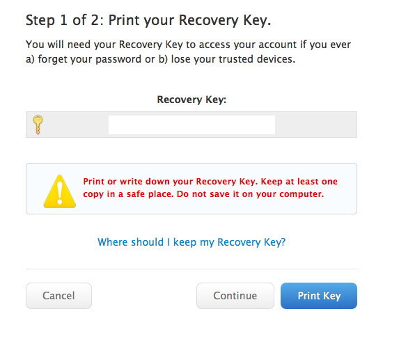 Print recovery key