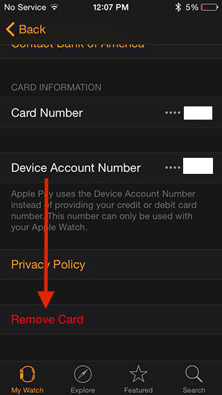Apple Pay on Apple Watch - remove card