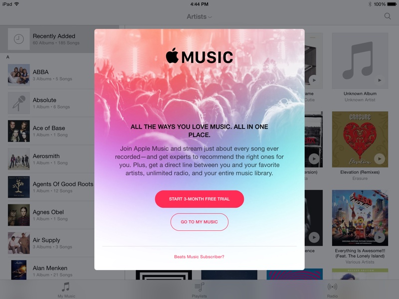 Apple Music popup in iOS 8.4