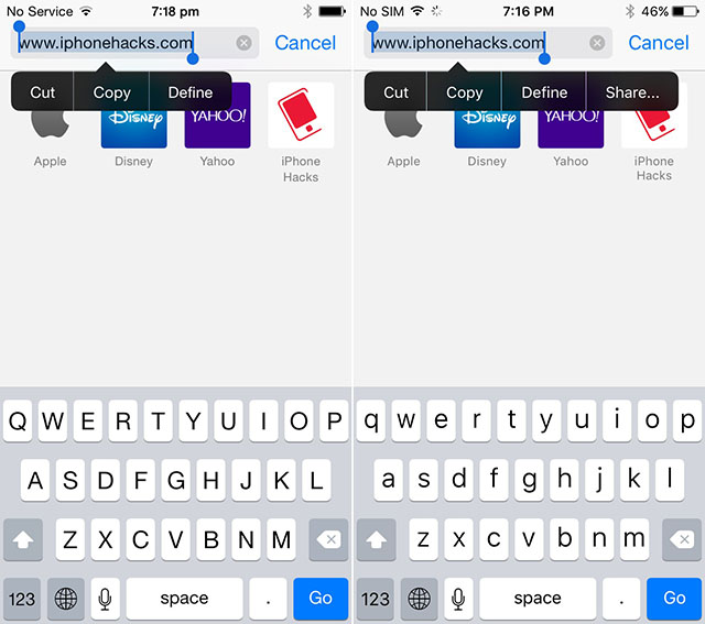 iOS 8 vs iOS 9: Safari Share links