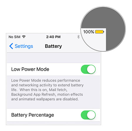 iOS 9 - low power mode indicator