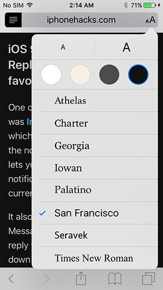 iOS 9 - Reader mode options