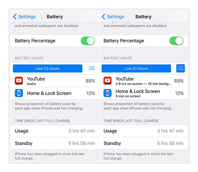 iOS 9 - Settings - Battery Usage
