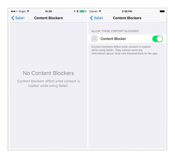 iOS 9 - Settings - Safari - Content Blockers