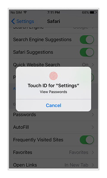 iOS 9 - Settings - Safari passwords - Touch ID
