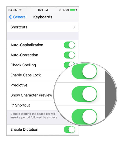 iOS 9 - Settings - Show Character Preview