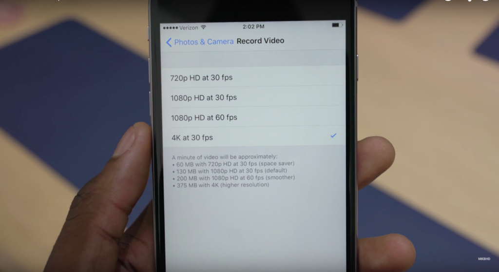 iPhone 6s 4K video size