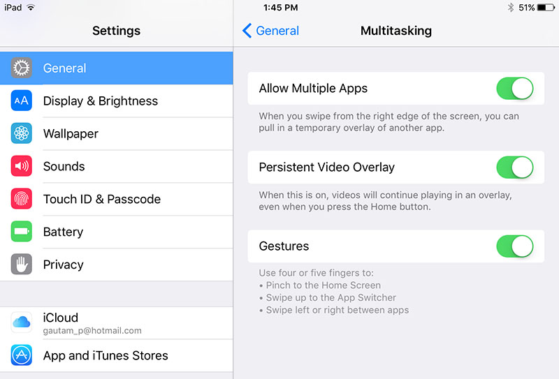 iOS 9 - iPad multitasking Settings