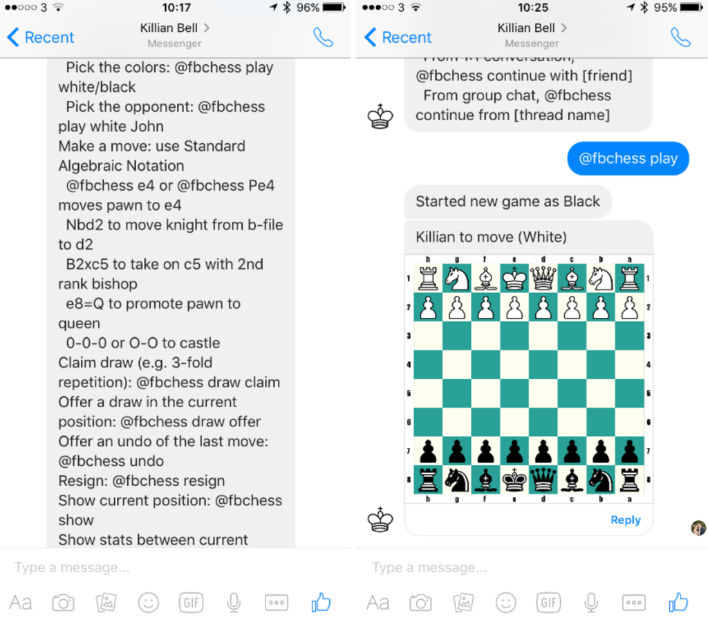 Facebook Messenger chess screenshots