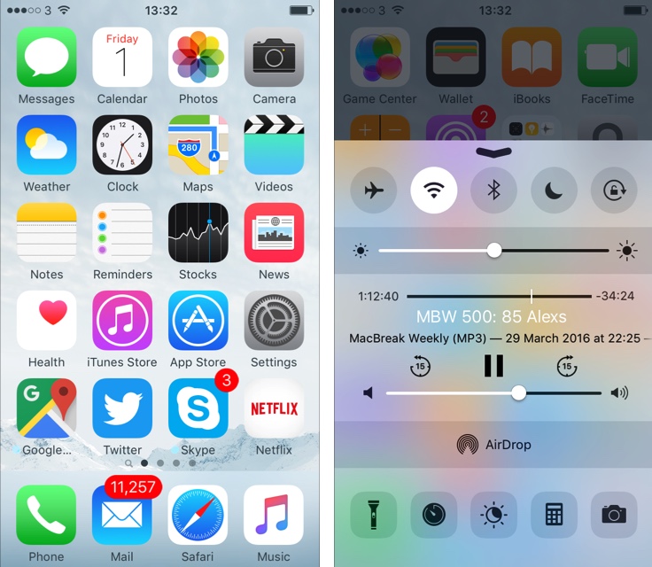 iPhone SE home screen and Control Center