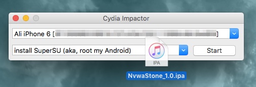 Drag and drop Pangu jailbreak (NvwaStone_1.0.ipa) on Cydia Impactor