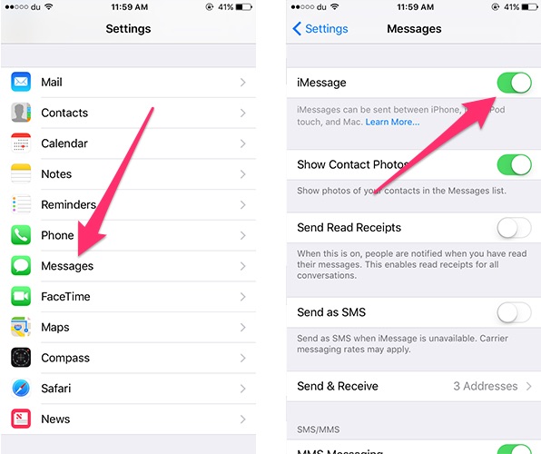 enable disable imessage