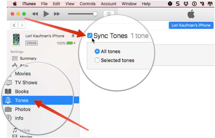 Select Tones under Settings, then check the Sync Tones box.
