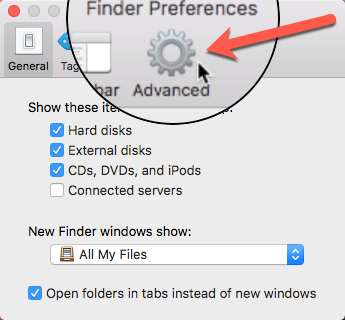 Click Advanced on the Finder Preferences dialog box.