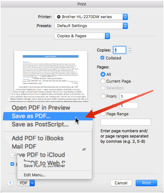 Select Save as PDF on Print dialog box.