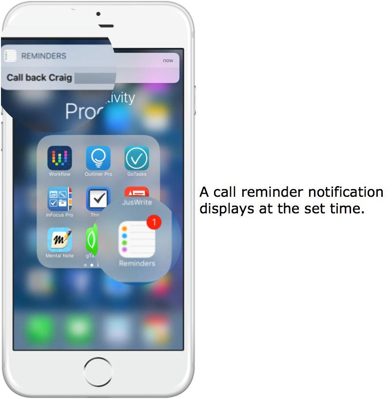 A call reminder notification displays at the set time.