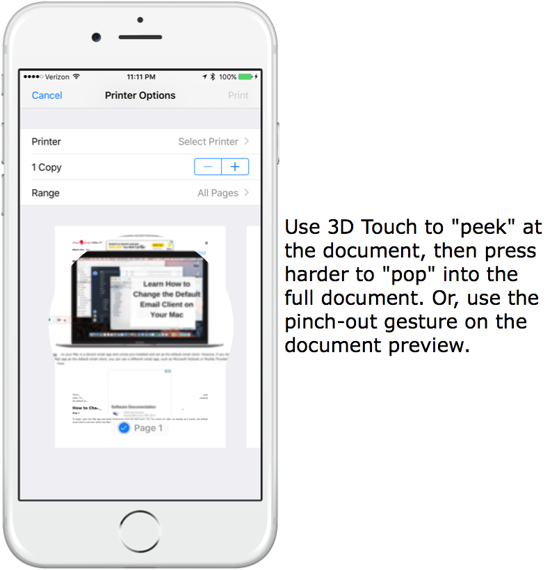 Use the 3D Touch feature or the pinch-out gesture on the document preview to print to PDF.