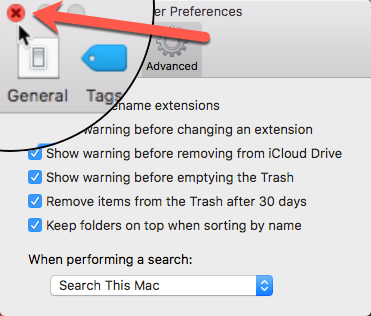 Close the Finder Preferences dialog box by clicking the X button.