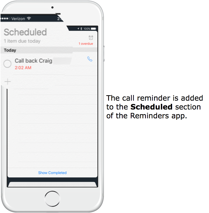 The call reminder is added to the Scheduled section of the Reminders app.