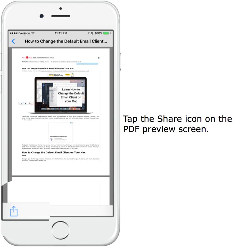 To print to PDF, tap the Share icon on the PDF preview screen.