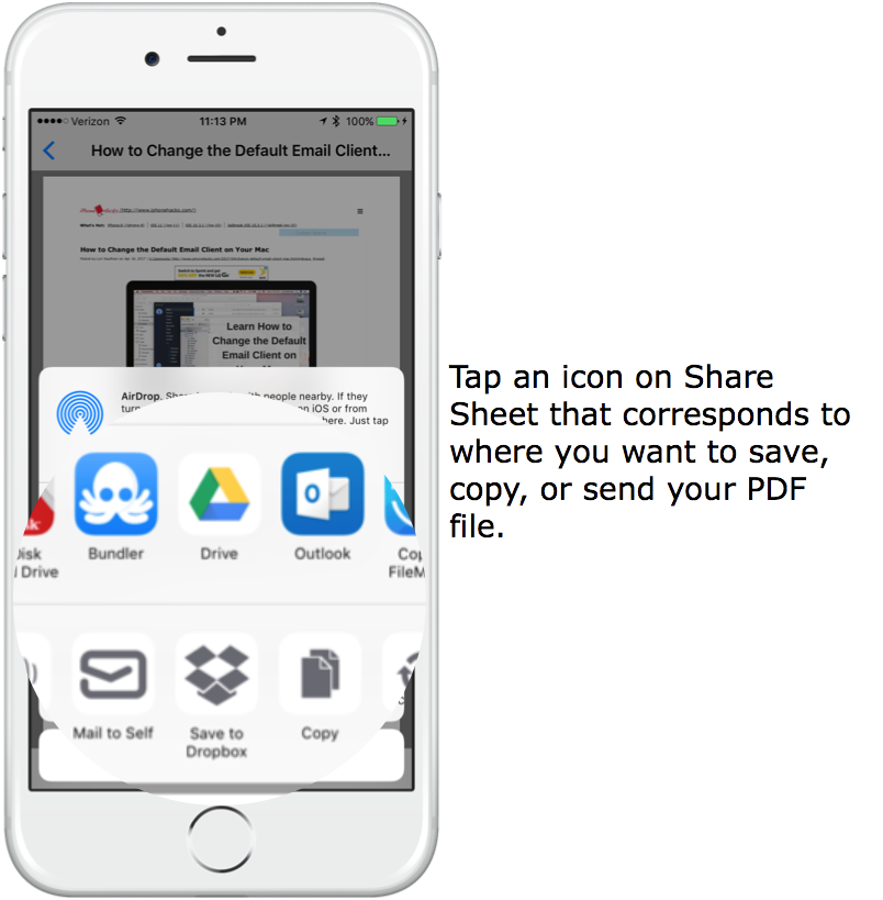 Tap an icon on the Share Sheet to save, copy, or send your PDF file.