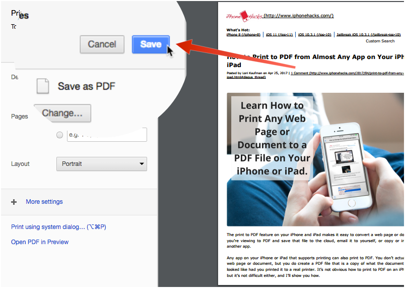 Click the Save button to print the document or web page to PDF.
