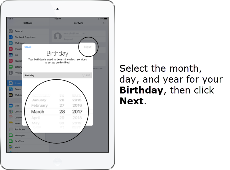 Select the month, day, and year for your Birthday, then click Next.