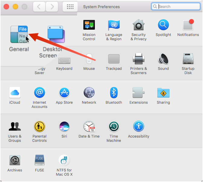 Click General on the System Preferences dialog box.