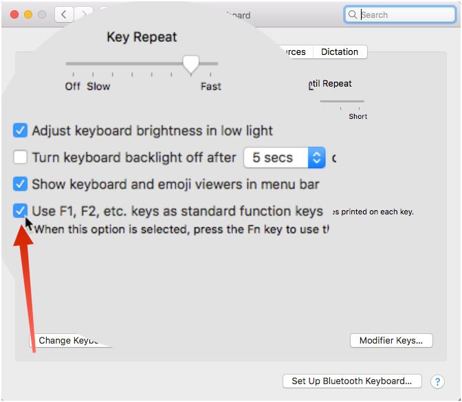 Turn on the option to use the standard functions keys on your Mac.