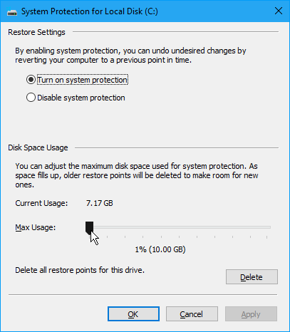 Change disk space usage for Windows restore points.
