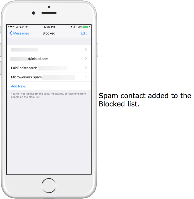 Spam contact is added to the Blocked list.