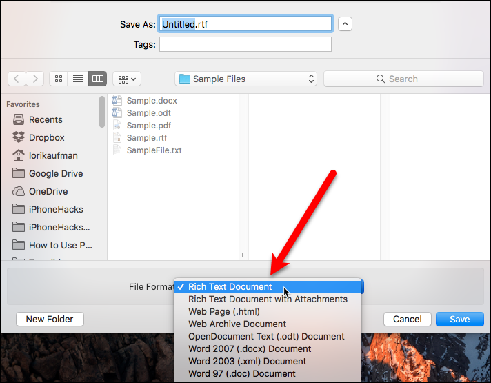 File formats available in TextEdit