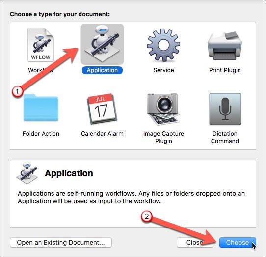Select Application as file type in Automator