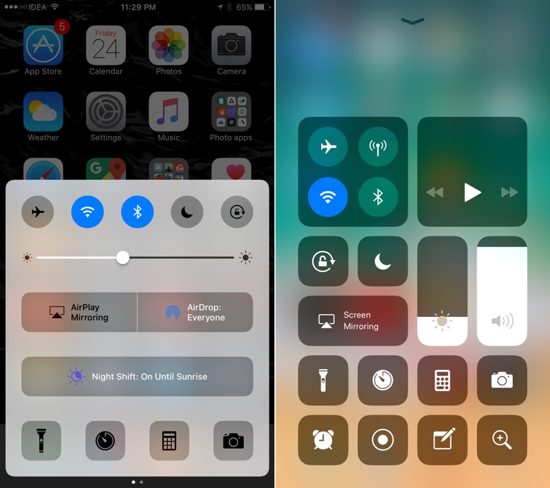 iOS 10 vs iOS 11 Control Center