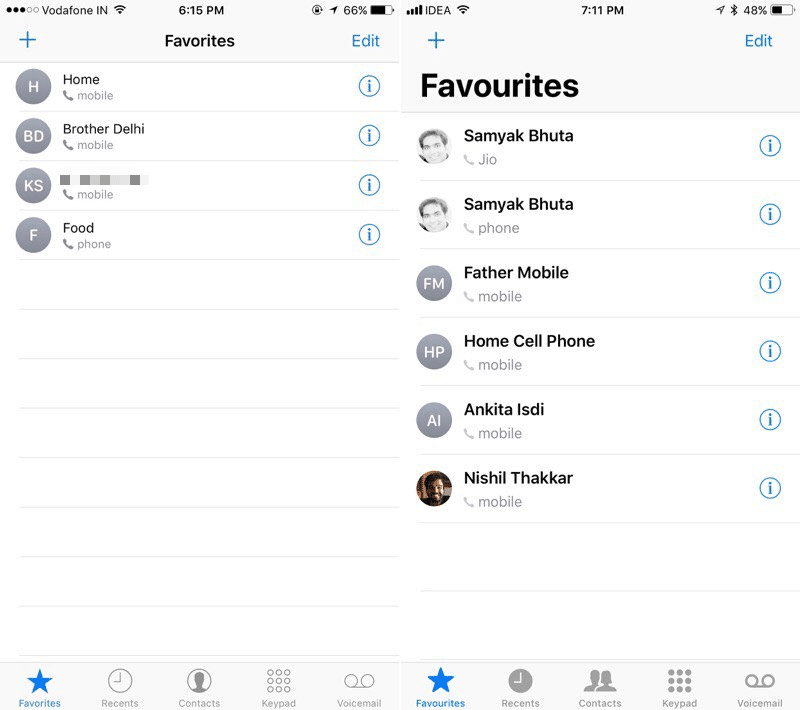 iOS 10 vs iOS 11 Phone Favorites