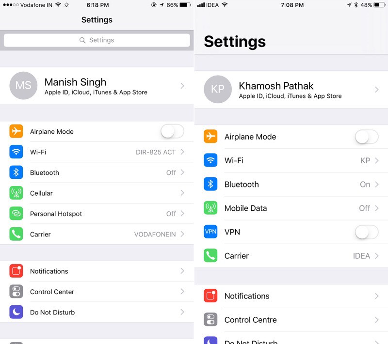 iOS 10 vs iOS 11 Settings