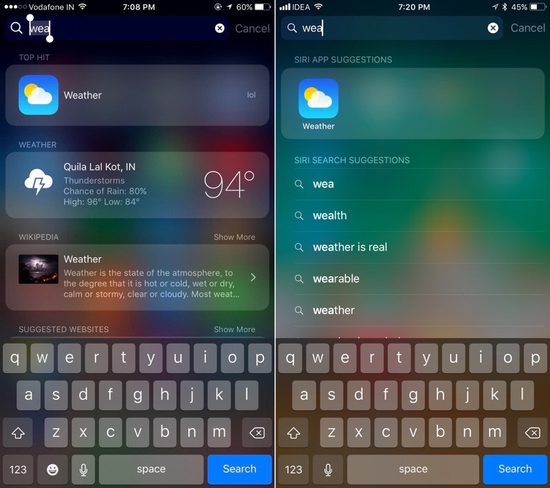 iOS 10 vs iOS 11 Spotlight search