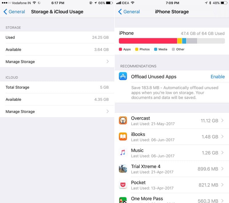 iOS 10 vs iOS 11 iPhone storage