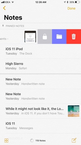 iOS 11 Notes options