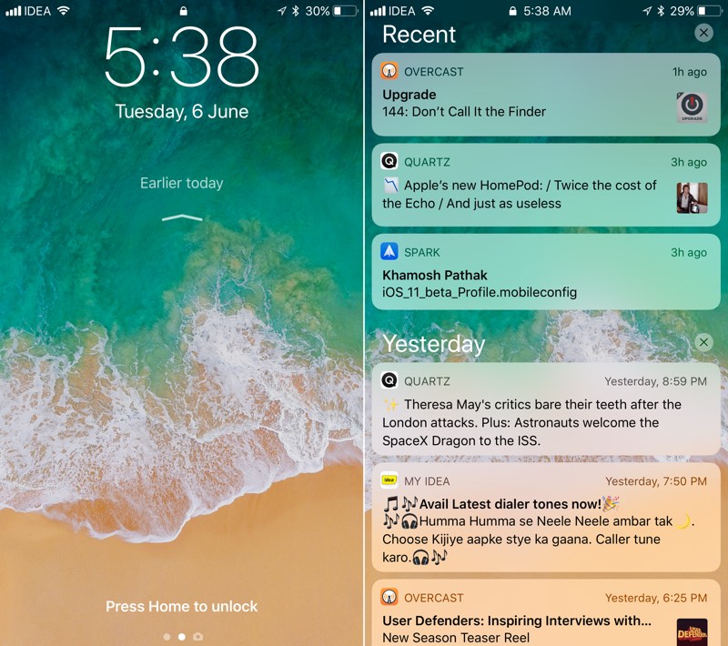 iOS 11 lock screen notifications