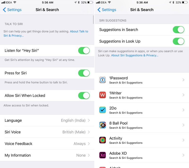 iOS 11 Siri and Search Settings page
